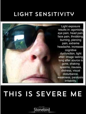 a poster listing the many symptoms of light sensitivity in Severe ME

